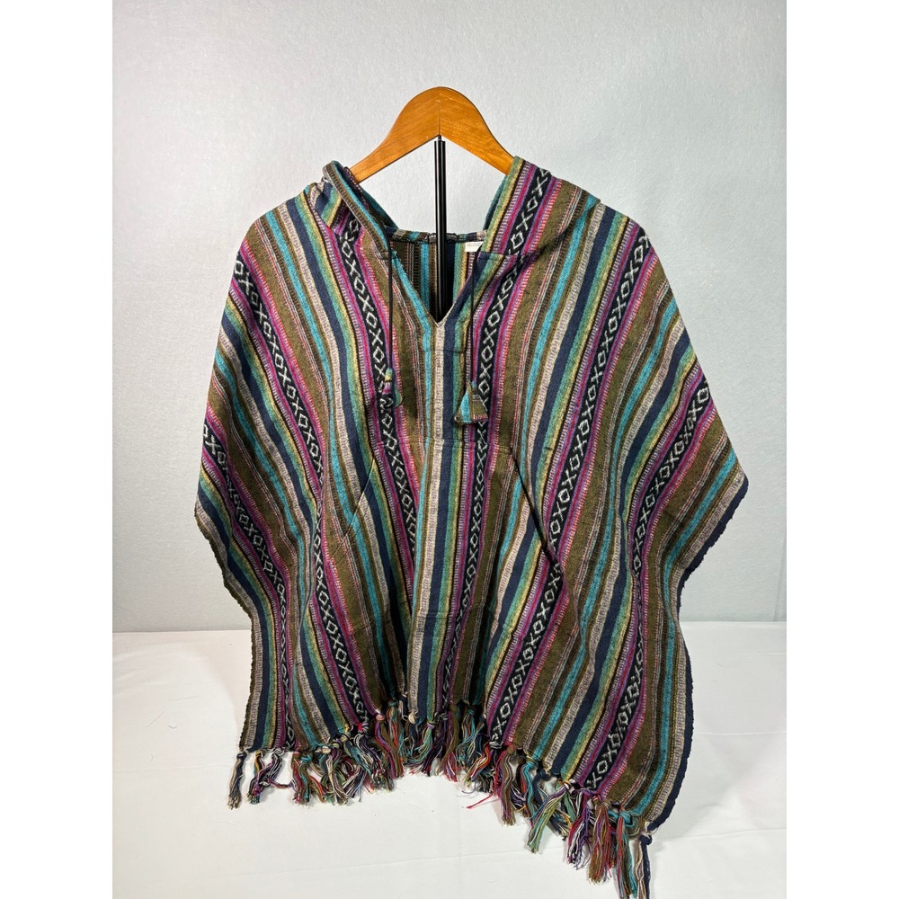 Earthbound Trading Co Hooded Striped Poncho Multicolor Cotton Fringe One Size